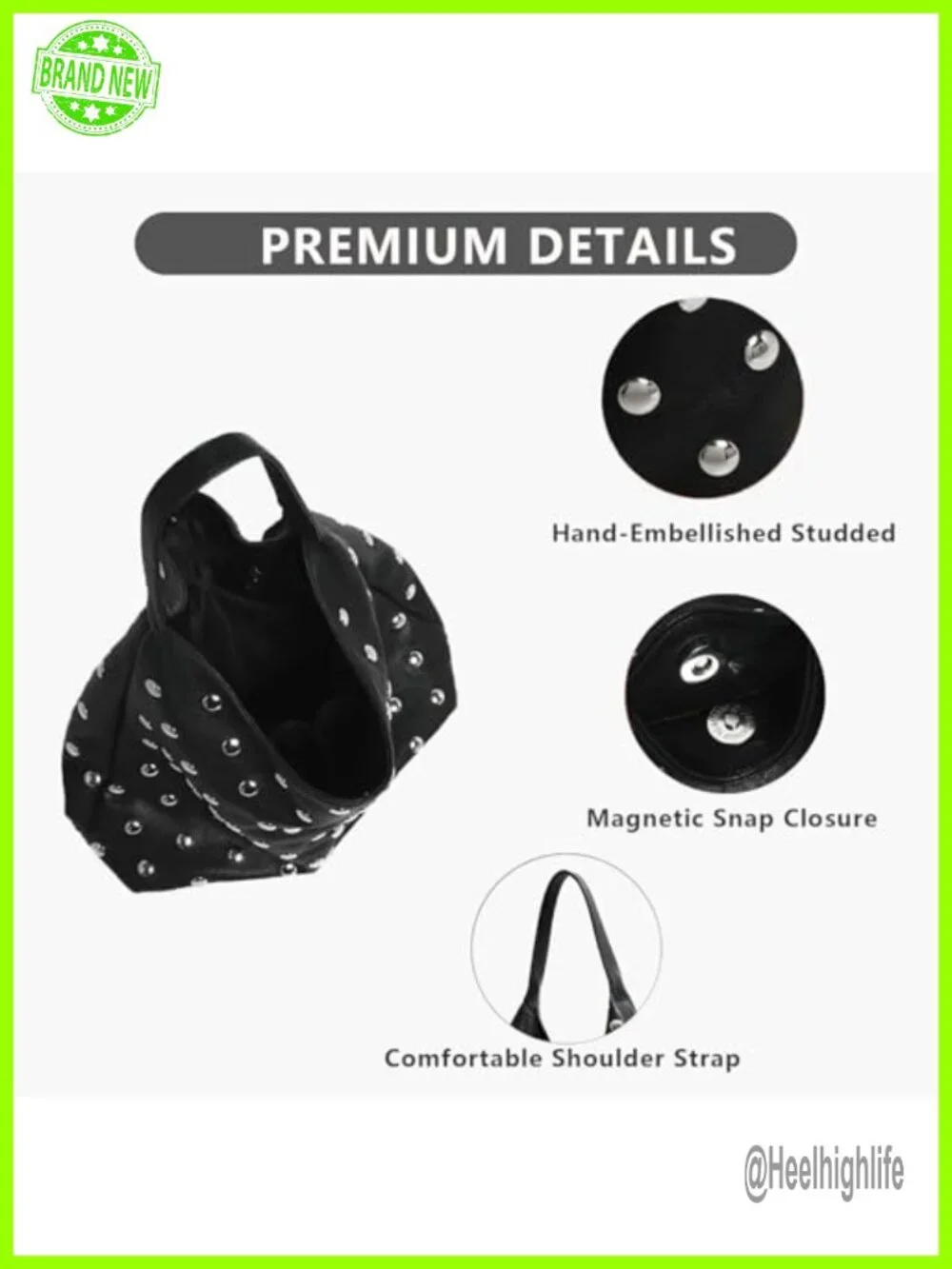 Studded Hobo Bag for Women Vegan Leather Slouchy Shoulder Handbag Tote